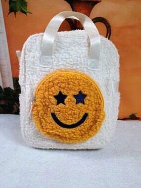 EUC Kids Wild Fable White & Yellow Smiley Face Sherpa Faux Fur Mini Backpack Bag